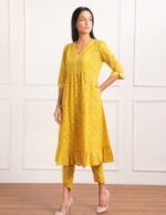 Yellow Pure cotton Printed kurta set with Dupatta - Image 2