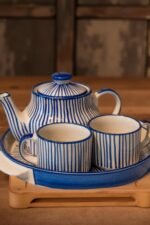 Hand-Painted Blue and White Ceramic Tea Pot Set with Tray – Traditional Blue Pottery Elegance - Image 2