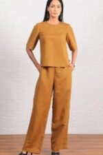 Yellow Elegant Pure Linen Co-rods Set For Women