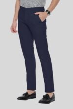 Navy Solid Cotton Linen Formal Trouser For Men - Image 2