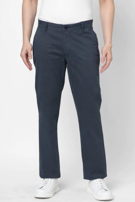Dark Blue Cotton Solid Trousers