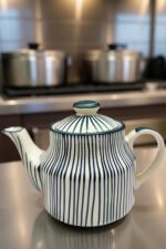 Hand-Painted Ceramic Tea Set – Elegant White Kettle with Green String Art & Tray - Image 4