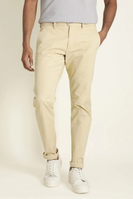 Beige Solid Cotton Trouser