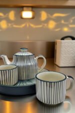 Hand-Painted Ceramic Tea Set – Elegant White Kettle with Green String Art & Tray - Image 2