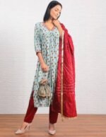 Blue & Red Cotton Ethnic Kurta Set with Dupatta
