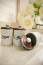 Handcrafted Ceramic Container Set For Tea, Coffee, and Sugar Kitchen Containers Set of 3 with Wooden Lids - Image 2