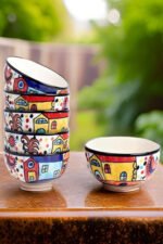 Multicolor Hut Hand-Painted Glossy Ceramic Bowls – Set of 6 (180ml) | Perfect for Soup, Snacks & Gift Purpose - Image 2