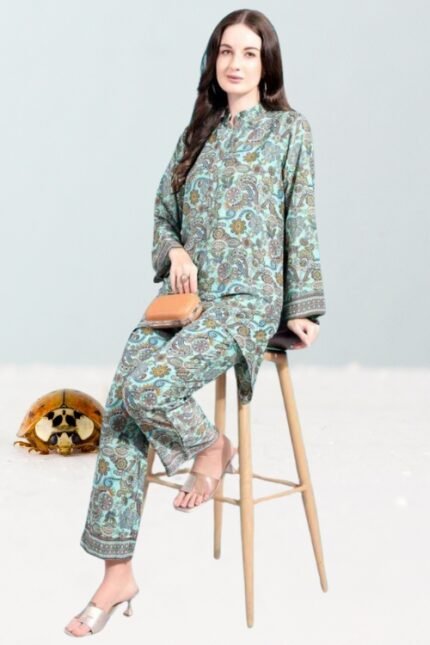 Light Blue Foil-Print Co-ord Set
