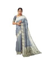 Grey Banarasi Katan Mushroom Silk Saree with Intricate Zari Weaving & Matching Blouse Piece – Elegant Ethnic Saree for Festive & Wedding Occasions