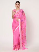 Pink Floral Printed Saree, Lightweight Chiffon Saree, with Satin Finish Patta and Blouse Piece
