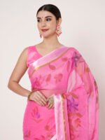 Pink Floral Printed Saree, Lightweight Chiffon Saree, with Satin Finish Patta and Blouse Piece - Image 2
