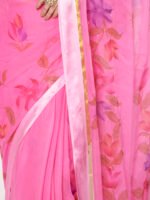 Pink Floral Printed Saree, Lightweight Chiffon Saree, with Satin Finish Patta and Blouse Piece - Image 3