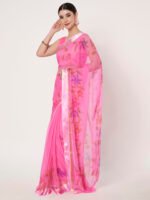 Pink Floral Printed Saree, Lightweight Chiffon Saree, with Satin Finish Patta and Blouse Piece - Image 4