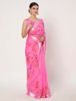 Pink Floral Printed Saree, Lightweight Chiffon Saree, with Satin Finish Patta and Blouse Piece - Image 5