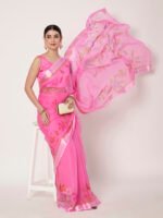 Pink Floral Printed Saree, Lightweight Chiffon Saree, with Satin Finish Patta and Blouse Piece - Image 6