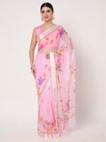 Baby Pink Floral Printed Saree, Soft Chiffon Saree ,with Satin Patta, 6.50 Mtr Length and Unstitched Blouse Piece