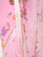 Baby Pink Floral Printed Saree, Soft Chiffon Saree ,with Satin Patta, 6.50 Mtr Length and Unstitched Blouse Piece - Image 2