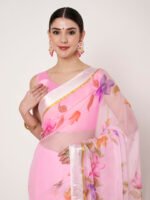 Baby Pink Floral Printed Saree, Soft Chiffon Saree ,with Satin Patta, 6.50 Mtr Length and Unstitched Blouse Piece - Image 3