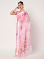 Baby Pink Floral Printed Saree, Soft Chiffon Saree ,with Satin Patta, 6.50 Mtr Length and Unstitched Blouse Piece - Image 4