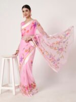 Baby Pink Floral Printed Saree, Soft Chiffon Saree ,with Satin Patta, 6.50 Mtr Length and Unstitched Blouse Piece - Image 6