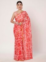 Gajri Floral Printed Chinon Saree with Elegant Zari Piping and Matching Blouse Piece – 6.50 Mtr
