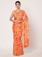 Peach Floral Printed Chinon Saree with Elegant Zari Piping and Matching Blouse Piece – 6.50 Mtr