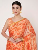Peach Floral Printed Chinon Saree with Elegant Zari Piping and Matching Blouse Piece – 6.50 Mtr - Image 3