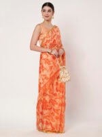 Peach Floral Printed Chinon Saree with Elegant Zari Piping and Matching Blouse Piece – 6.50 Mtr - Image 6