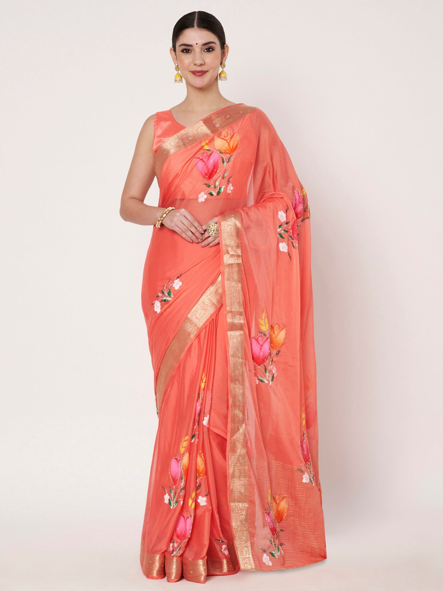 sarees 24_New folder (14)_12-11-2025 ana16053_1 (1) Peach Floral Printed Chinon Saree with Elegant Chitt Pallu and Matching Blouse Piece – 6.20 Mtr - Image 1