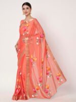Peach Floral Printed Chinon Saree with Elegant Chitt Pallu and Matching Blouse Piece – 6.20 Mtr - Image 2
