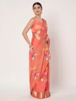 Peach Floral Printed Chinon Saree with Elegant Chitt Pallu and Matching Blouse Piece – 6.20 Mtr - Image 4