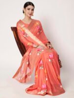 Peach Floral Printed Chinon Saree with Elegant Chitt Pallu and Matching Blouse Piece – 6.20 Mtr - Image 7