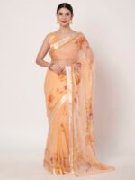 Peach Floral Printed Saree, Soft Chiffon Saree with Satin Patta, 6.50 Mtr Length and Unstitched Blouse Piece