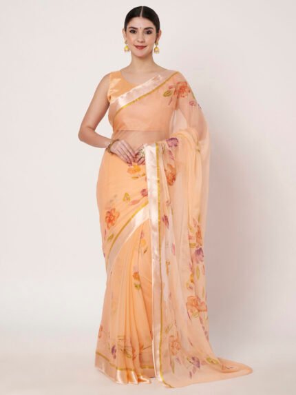 Peach Floral Printed Saree, Soft Chiffon Saree with Satin Patta, 6.50 Mtr Length and Unstitched Blouse Piece