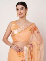 Peach Floral Printed Saree, Soft Chiffon Saree with Satin Patta, 6.50 Mtr Length and Unstitched Blouse Piece - Image 2