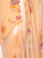 Peach Floral Printed Saree, Soft Chiffon Saree with Satin Patta, 6.50 Mtr Length and Unstitched Blouse Piece - Image 3