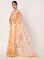 Peach Floral Printed Saree, Soft Chiffon Saree with Satin Patta, 6.50 Mtr Length and Unstitched Blouse Piece - Image 4