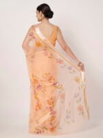 Peach Floral Printed Saree, Soft Chiffon Saree with Satin Patta, 6.50 Mtr Length and Unstitched Blouse Piece - Image 5