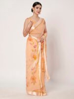Peach Floral Printed Saree, Soft Chiffon Saree with Satin Patta, 6.50 Mtr Length and Unstitched Blouse Piece - Image 6