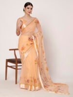 Peach Floral Printed Saree, Soft Chiffon Saree with Satin Patta, 6.50 Mtr Length and Unstitched Blouse Piece - Image 7