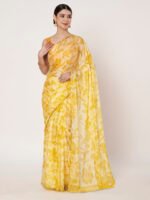Yellow Floral Printed Chinon Saree with Elegant Zari Piping and Matching Blouse Piece – 6.50 Mtr