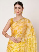 Yellow Floral Printed Chinon Saree with Elegant Zari Piping and Matching Blouse Piece – 6.50 Mtr - Image 2