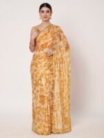 Mustard Yellow Floral Printed Chinon Saree with Elegant Zari Piping and Matching Blouse Piece – 6.50 Mtr