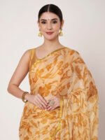 Mustard Yellow Floral Printed Chinon Saree with Elegant Zari Piping and Matching Blouse Piece – 6.50 Mtr - Image 2