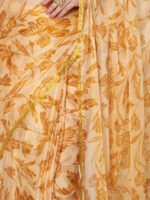 Mustard Yellow Floral Printed Chinon Saree with Elegant Zari Piping and Matching Blouse Piece – 6.50 Mtr - Image 3