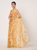 Mustard Yellow Floral Printed Chinon Saree with Elegant Zari Piping and Matching Blouse Piece – 6.50 Mtr - Image 4