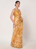 Mustard Yellow Floral Printed Chinon Saree with Elegant Zari Piping and Matching Blouse Piece – 6.50 Mtr - Image 6