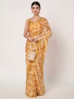 Mustard Yellow Floral Printed Chinon Saree with Elegant Zari Piping and Matching Blouse Piece – 6.50 Mtr - Image 7