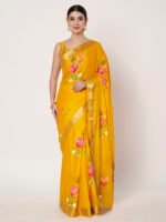 Yellow Floral Printed Chinon Saree with Elegant Chitt Pallu and Matching Blouse Piece – 6.20 Mtr