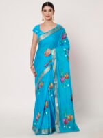 Blue Chinon Chitt Pallu Saree with elegant drape, lightweight fabric, 6.20 meters, matching blouse.